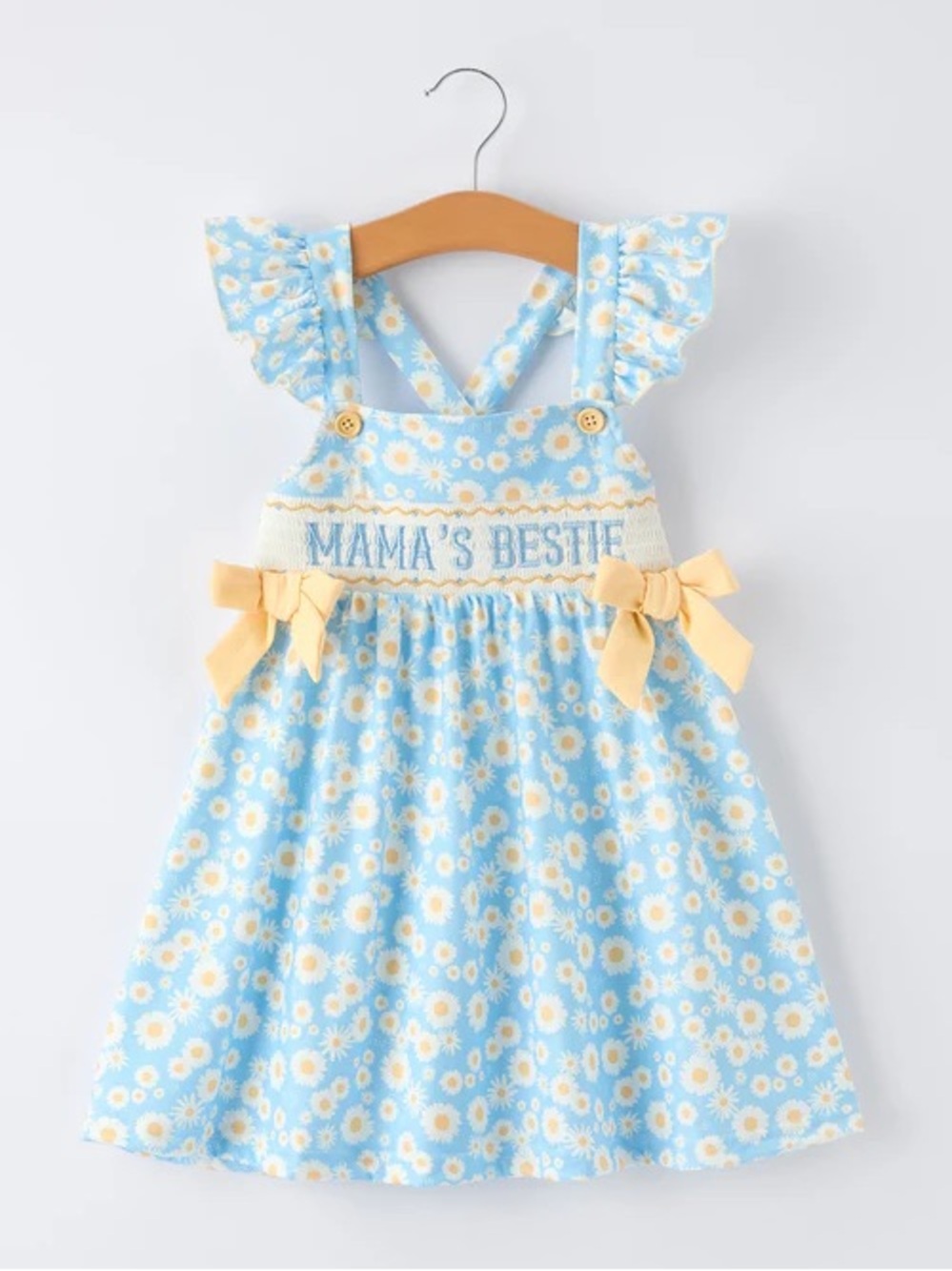 Mama’s bestie Smocked dress bows daisy floral toddler girl ruffle criss cross